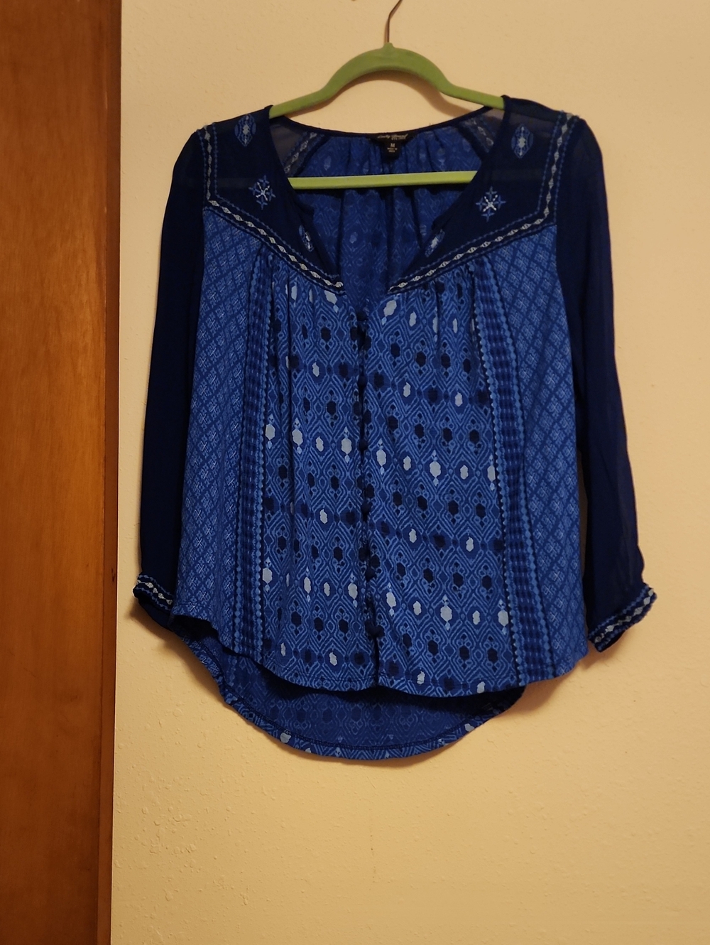 Lucky Brand Blue Geometric Peasant Blouse